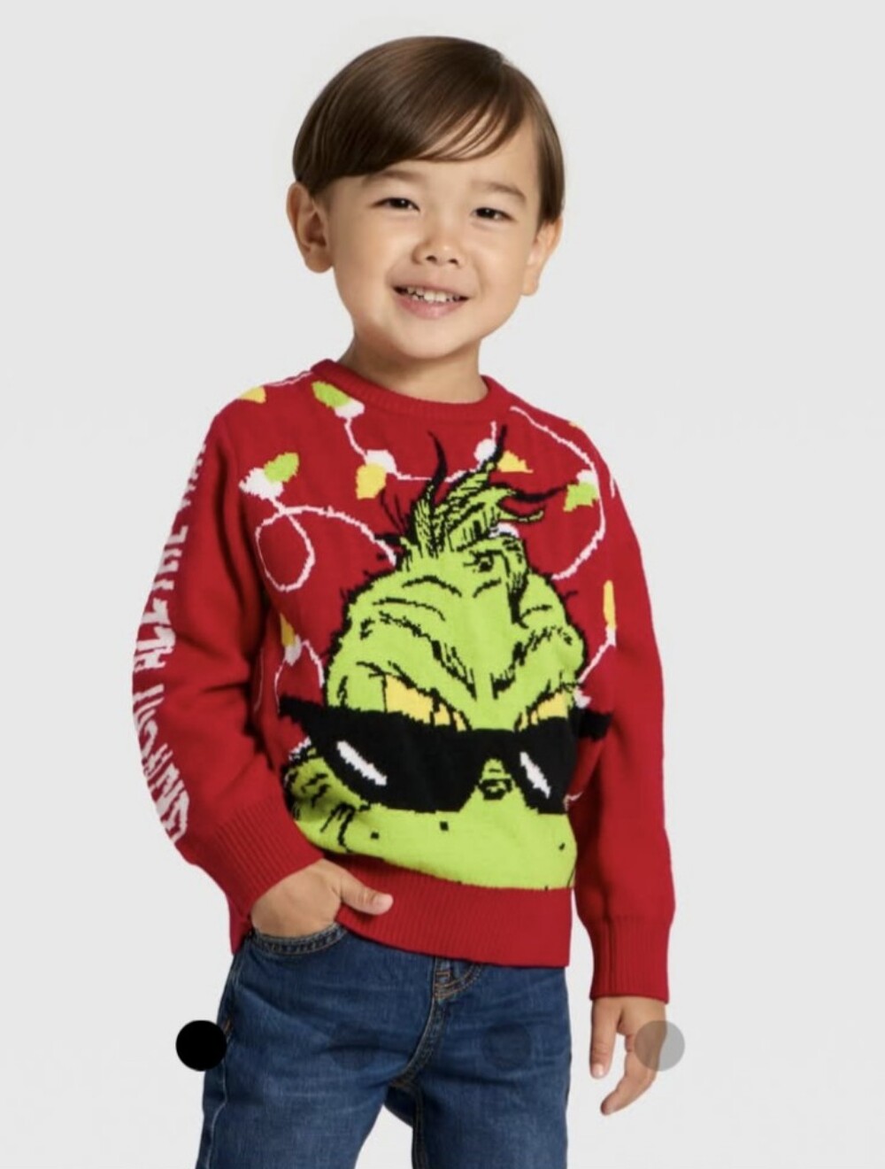 Kids' Red Grinch Holiday Sweater with Sunglasses Graphic